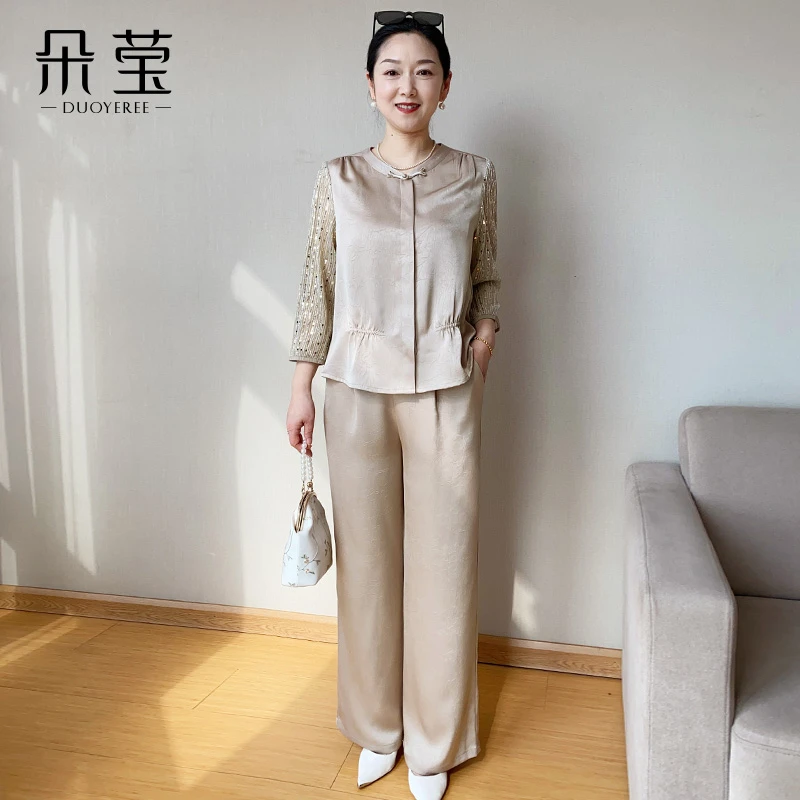 新品推荐洋气妈妈装气质纱袖小衫套装春夏季新款中年女裤子两件套