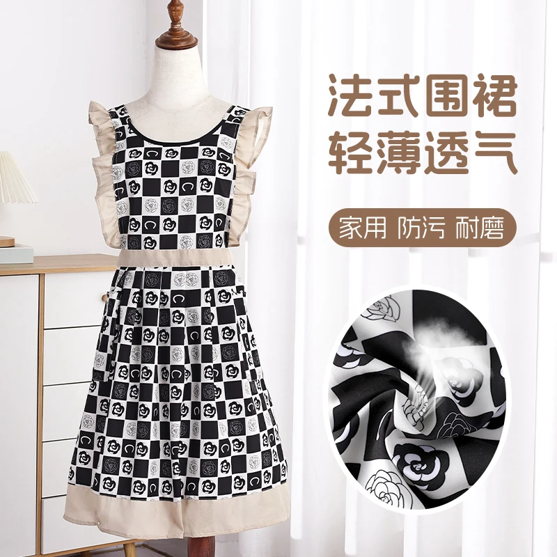夏季薄款围裙厨房做饭防油防灰透气不沾毛束腰公主围腰餐厅工作服