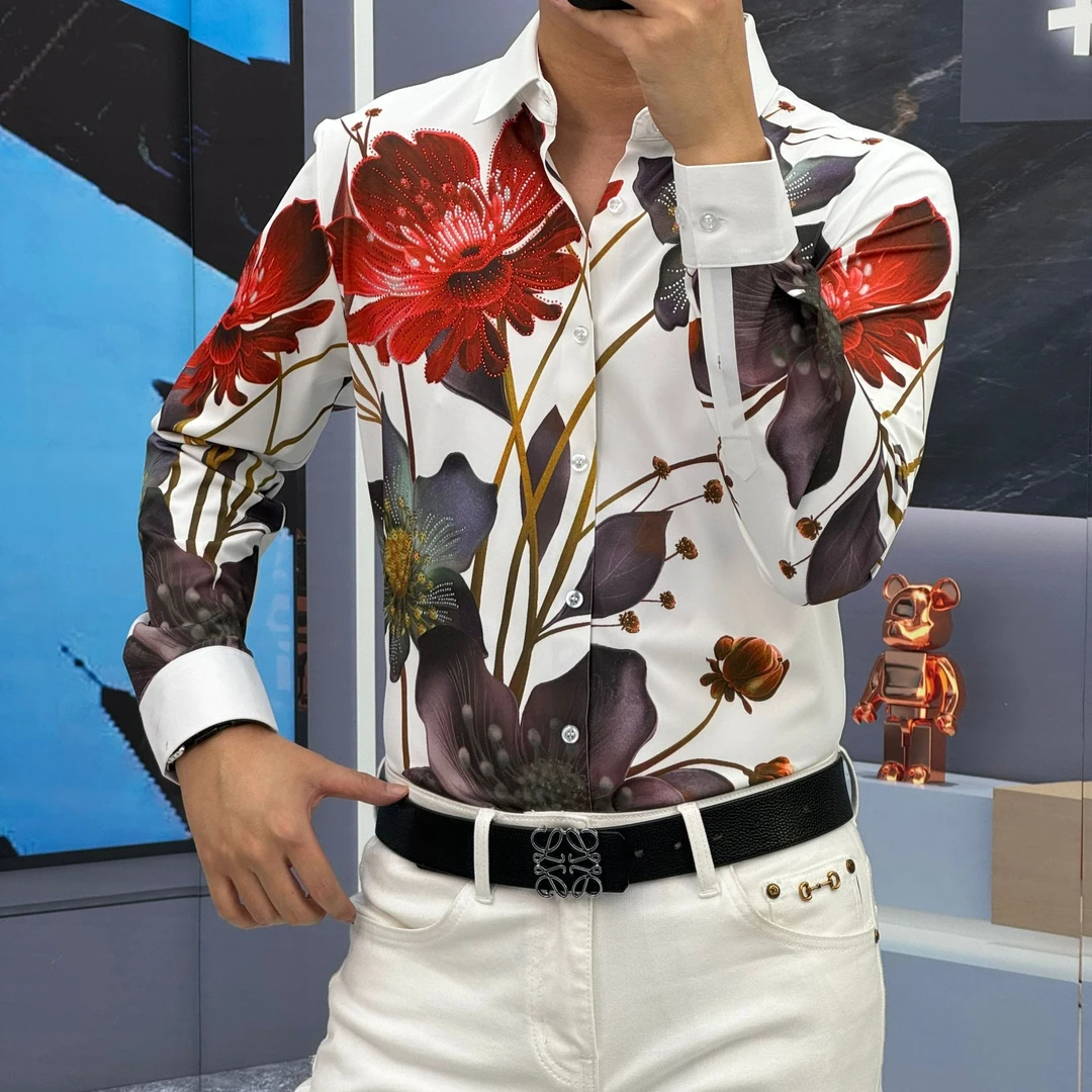 轩诚2025春季新款免熨烫印花男士长袖抗皱舒适弹力无痕衬衣3182