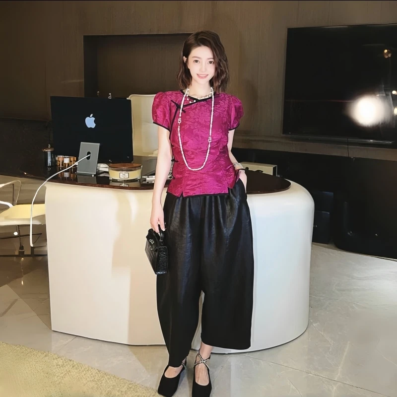 带袖国风上衣提花短袖圆领提花短款上衣宽松洋气时尚轻奢褶皱修身