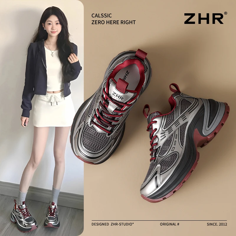 ZHR/则则安可拉红厚底老爹鞋女2025春季新款百搭增高运动休闲鞋