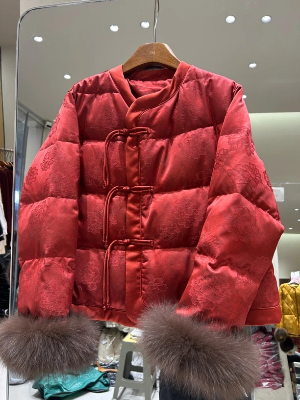 913 高级感新中式狐狸毛提花盘扣羽绒服外套女秋冬款国风