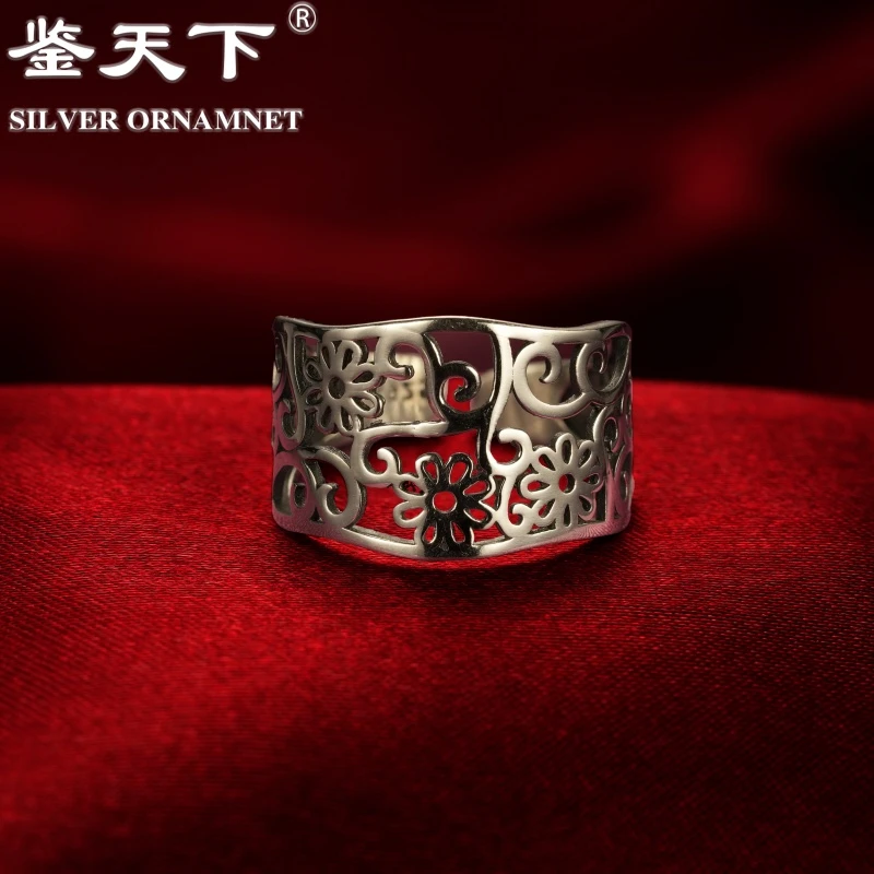 925银戒指 复古镂空花朵开口925银戒指08200062