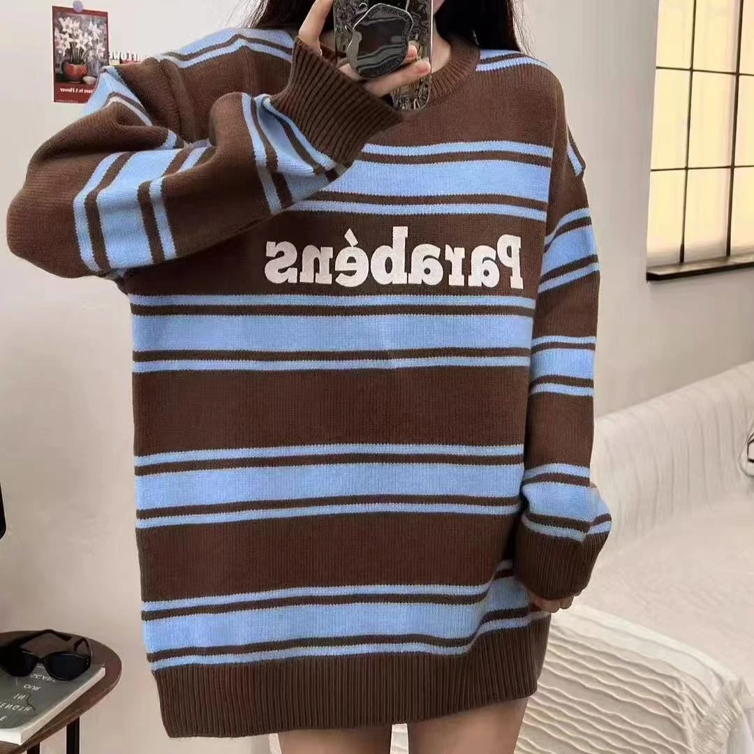 复古撞色条纹圆领毛衣女通勤慵懒风上衣K2486