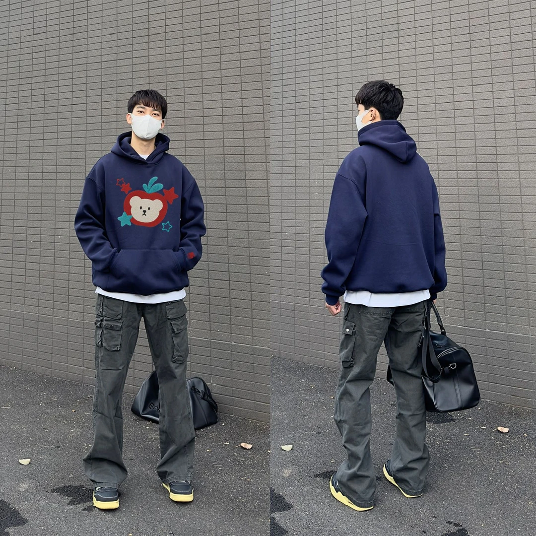 WASSUP HSUBE百搭印花长袖秋冬宽松仿刺绣休闲苹果卫衣情侣上衣