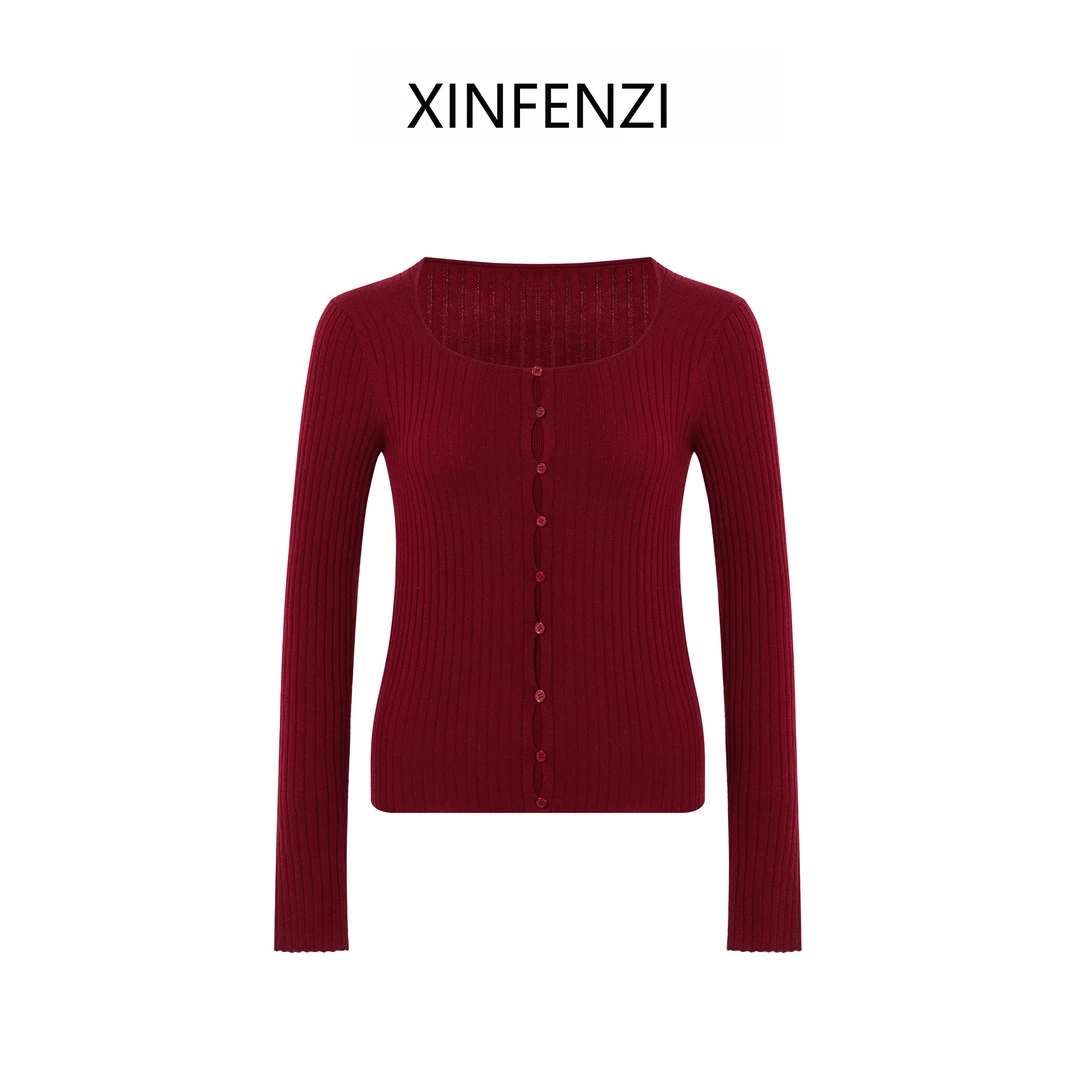 【海棠】XINFENZI 复古方领假门襟气质针织衫 35546