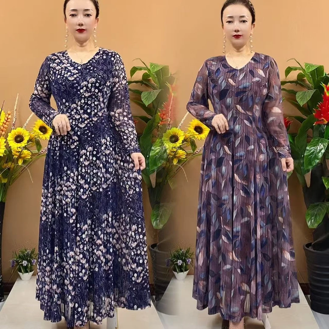 8899新款长袖弹力台湾纱妈妈高端过膝长裙