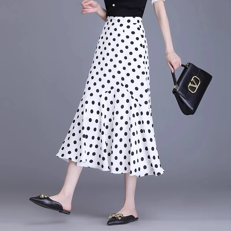 拉夏贝尔波点不规则半身裙女2025夏季新款荷叶边中长款包臀鱼尾裙