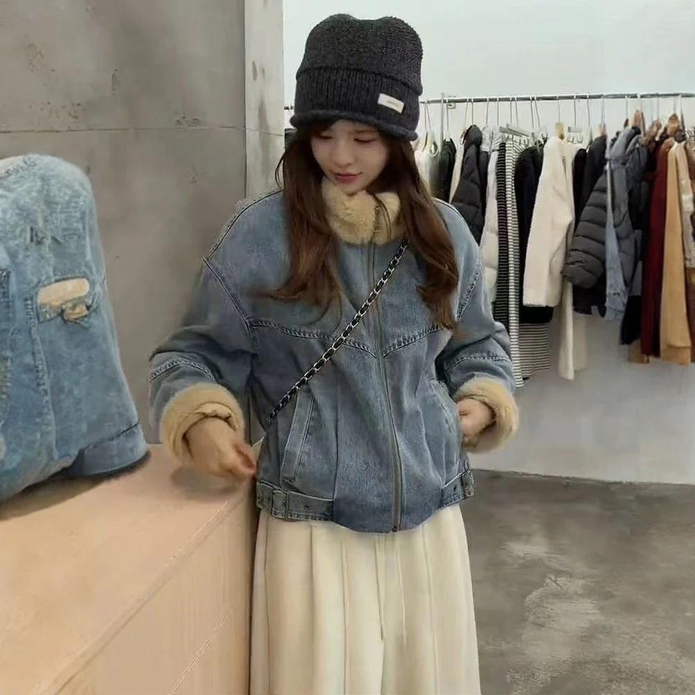 复古毛领加绒加厚外套女2025冬季新款时尚漂亮小个子气质牛仔夹克