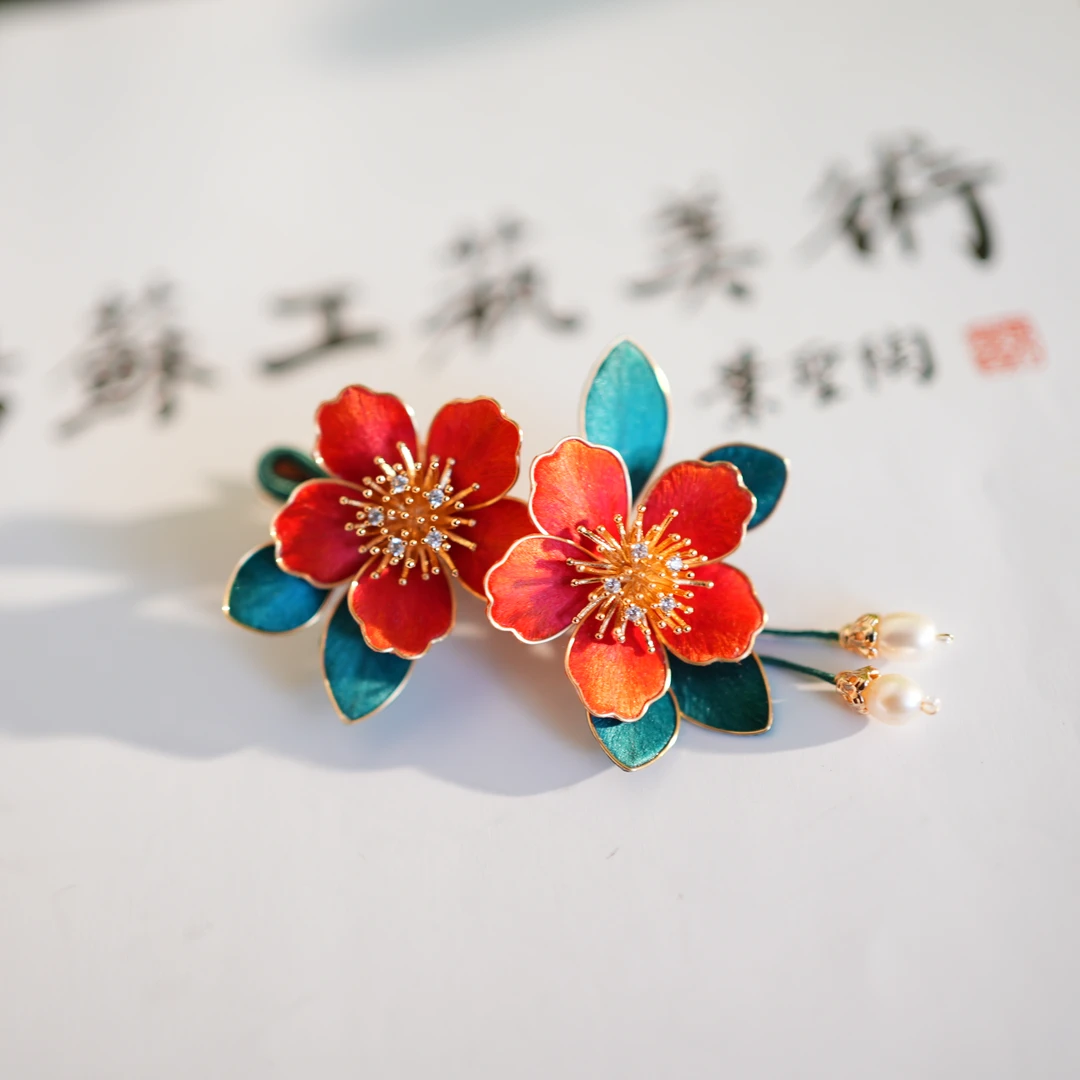 【樱花发夹】红绿色 非遗绒花工艺 日常国风仙女百搭礼品