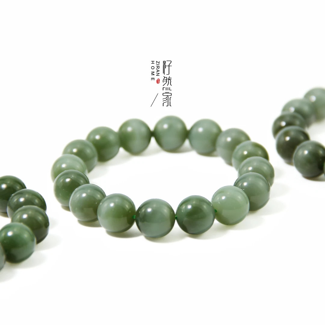 天然和田玉碧玉俄料粉青猫眼圆珠手串12mm（多样性发其一）