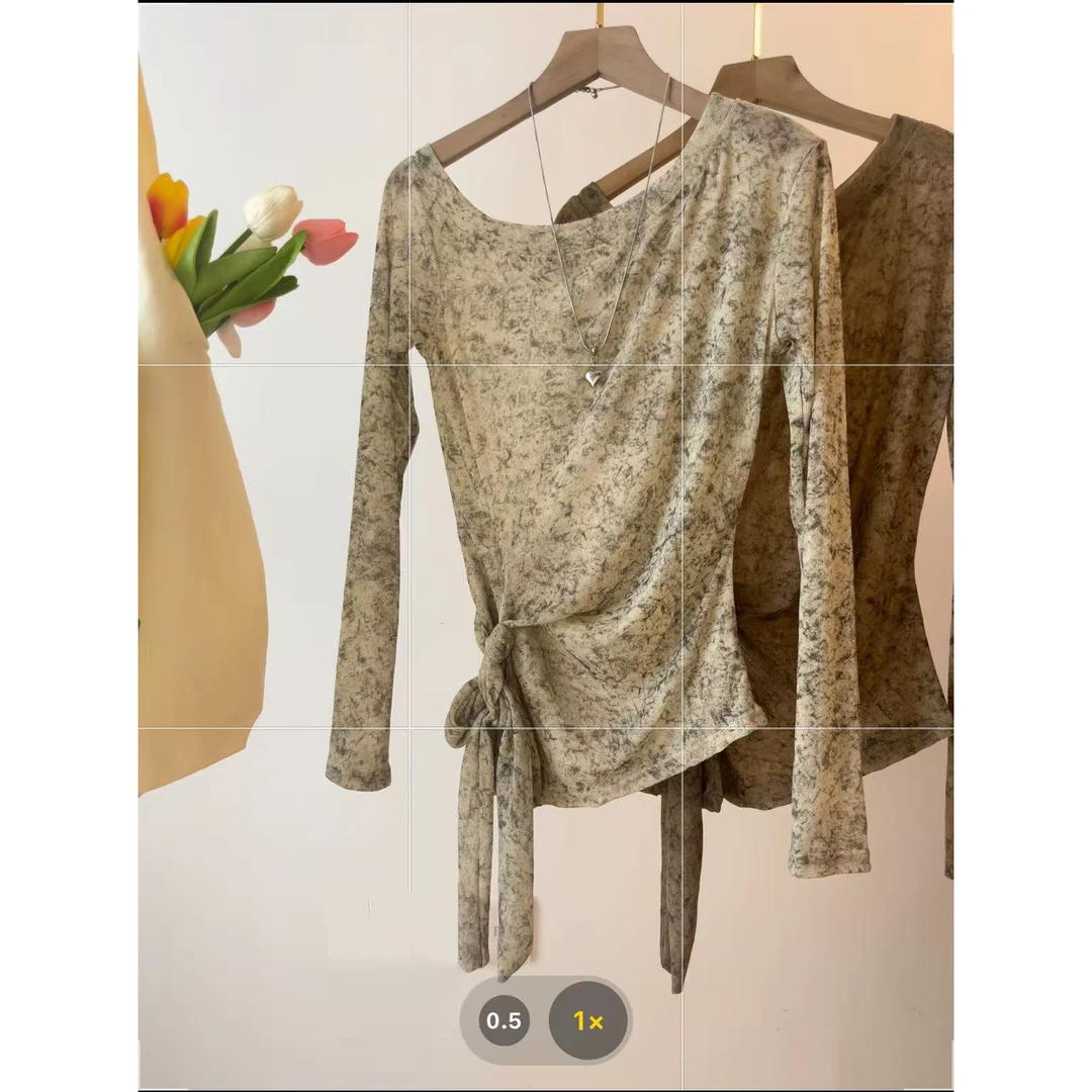 实拍 斜领长袖T恤女早秋款法式绑带收腰扎染露肩小衫修身打底上衣