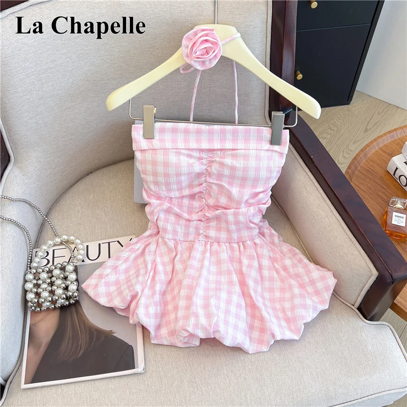 拉夏贝尔设计感一字肩抹胸背心女装夏季辣妹褶皱修身短款格子上衣