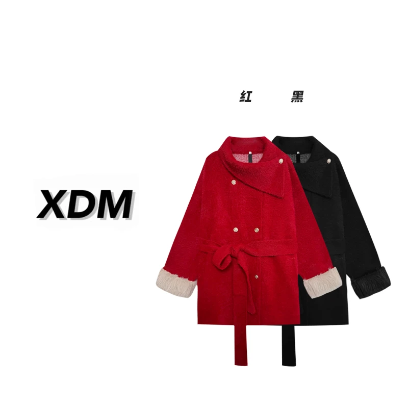【年度重磅】 金敏喜 同款黑色 围巾领高级感大码秋冬胖mm红色外套
