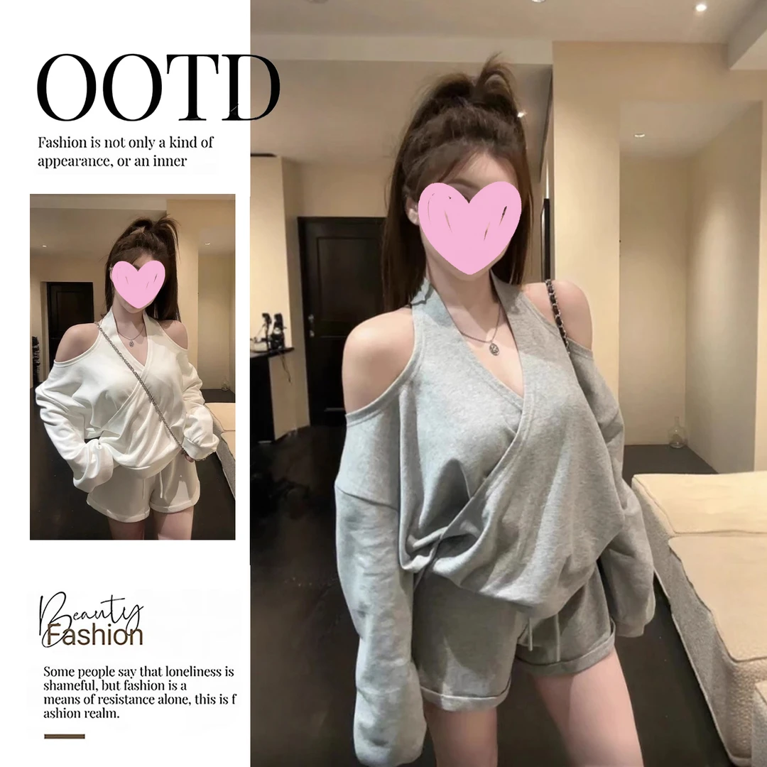 韩系复古chic灰色套装女秋设计感套头挂脖长袖卫衣显瘦短裤两件套