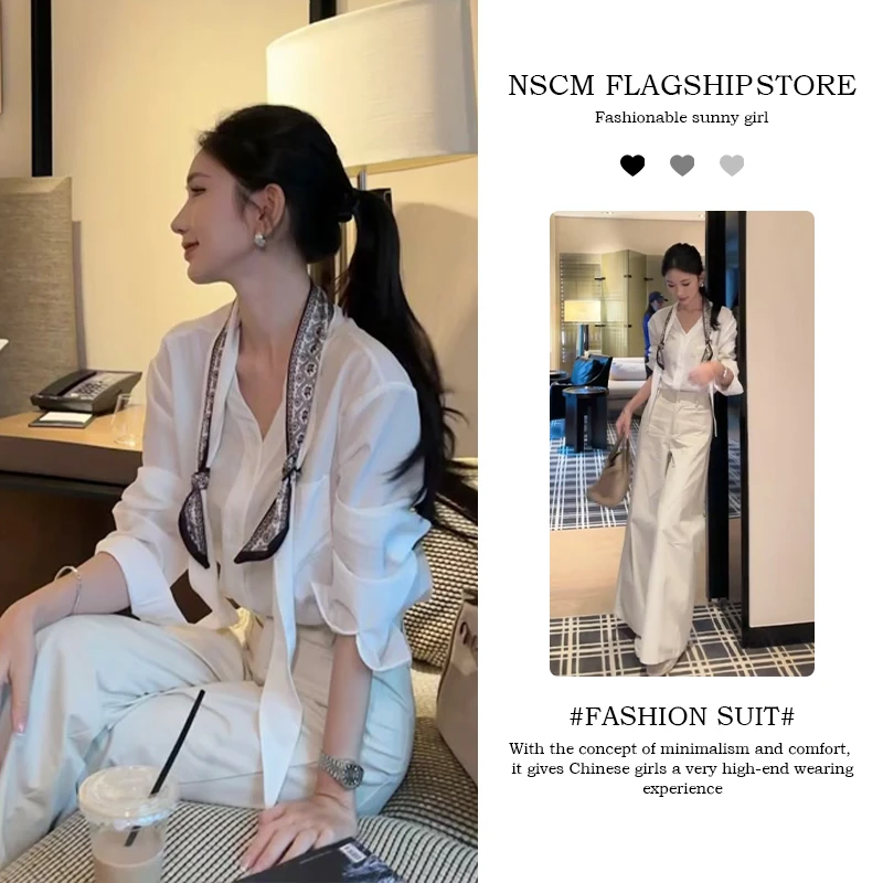 NSCM秋季新款清冷系禅意衣服女v领系带老钱风长袖衬衫气质直筒裤
