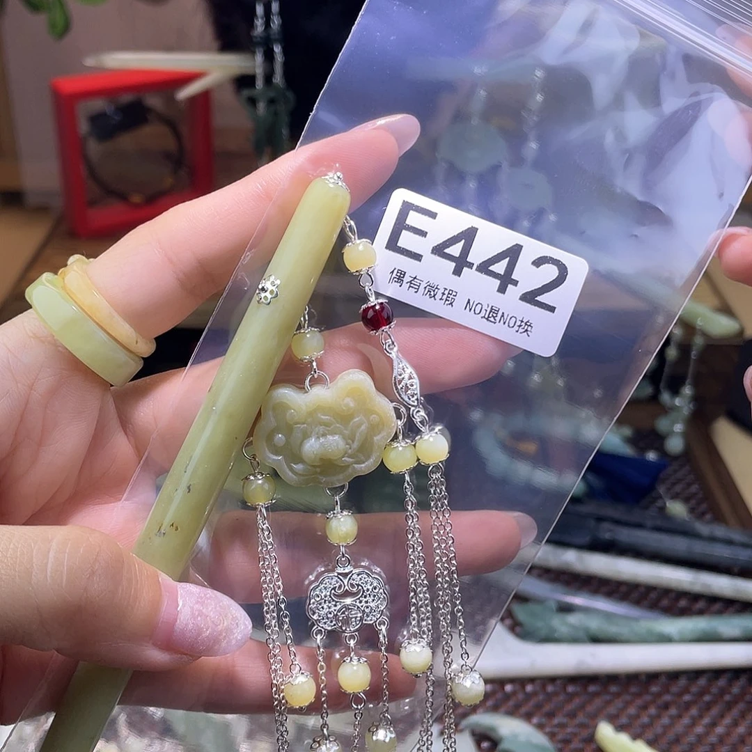 蛇纹石玉发饰银S925镀金镶嵌延