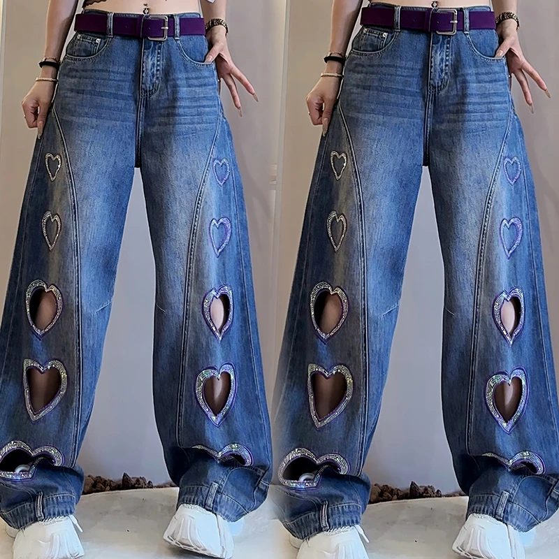 夏季新款爱心刺绣阔腿牛仔裤女复古潮流高腰破洞个性休闲长裤1615