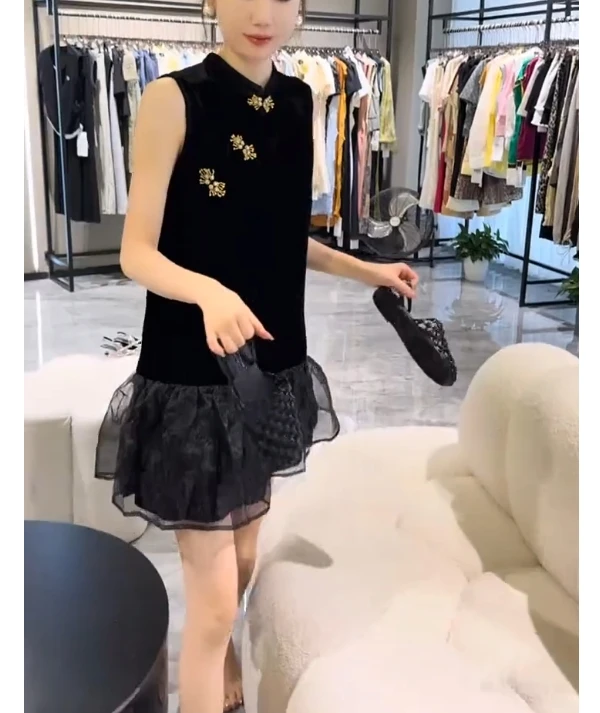 夏季新中式拼接无袖短款气质显瘦国风连衣裙HLJ61603