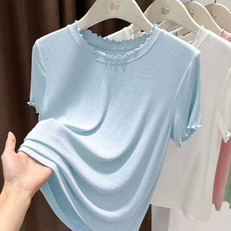 木耳边小圆领蓝色气质打底衫夏季爆款短袖T恤设计针织内搭上衣女