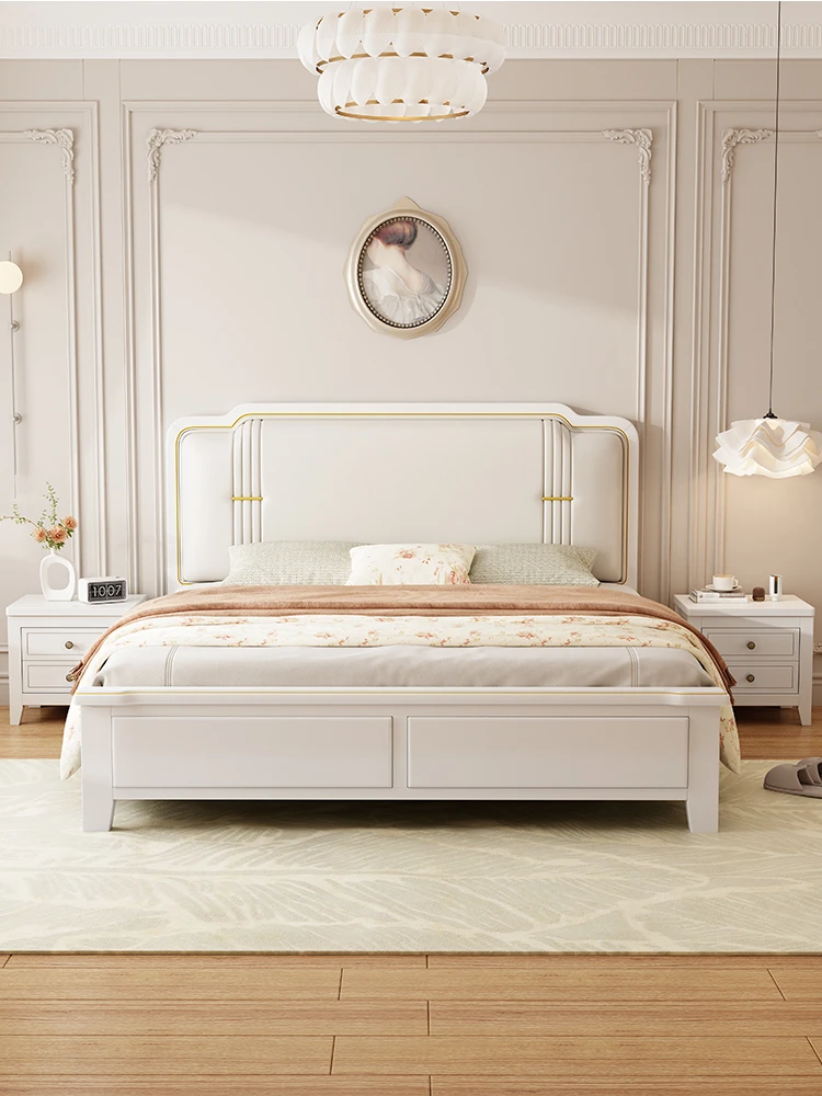 美式轻奢现代简约实木床1.8m双人软包全实木床奶油风床白色公主床