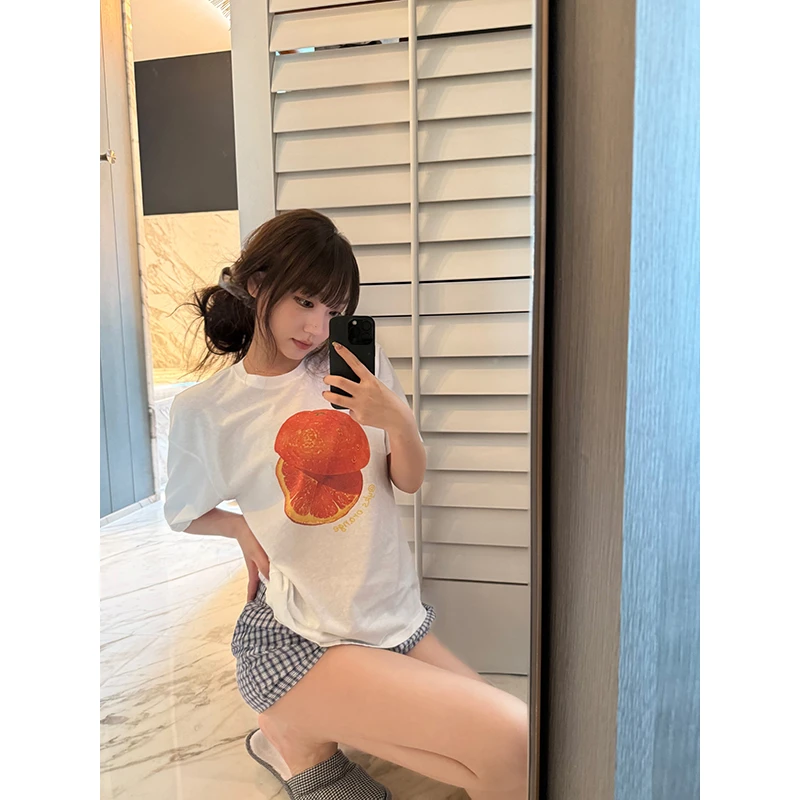 王少女的店 白色宽松舒适感短袖T恤橘子创意印花上衣 T34478S52