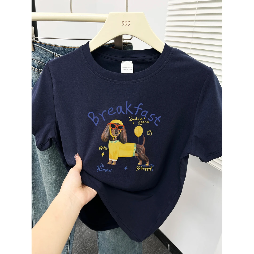 正肩圆领t恤短袖女款爆款2025新款大码遮肚子圆领狗狗印花上衣潮
