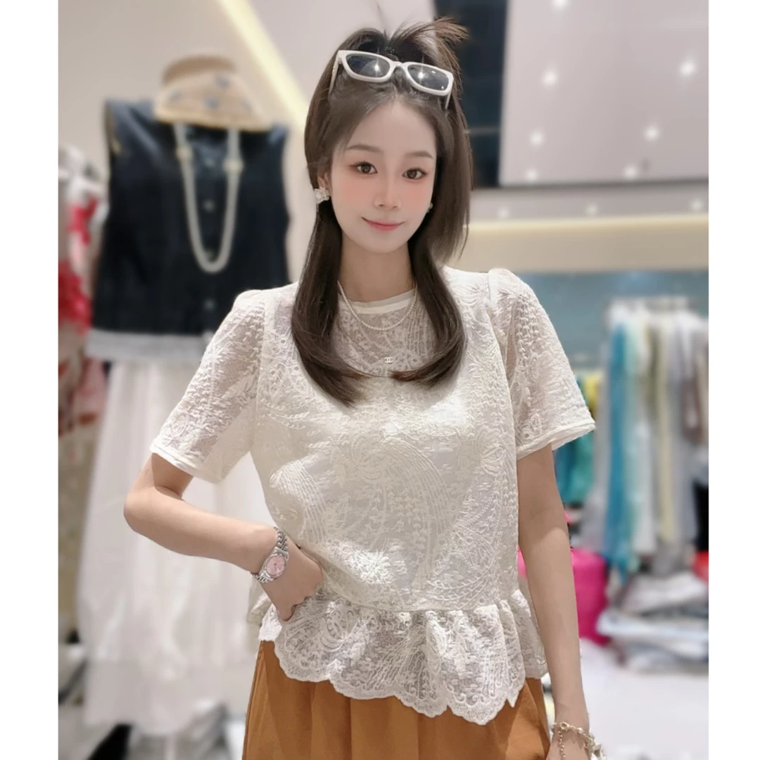 【三懿服饰】设计感蕾丝刺绣圆领显瘦百搭蕾丝衫-1676