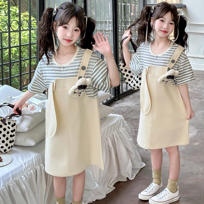 女童夏装套装2025新款儿童时髦洋气夏季大童短袖T恤假两件背带裙