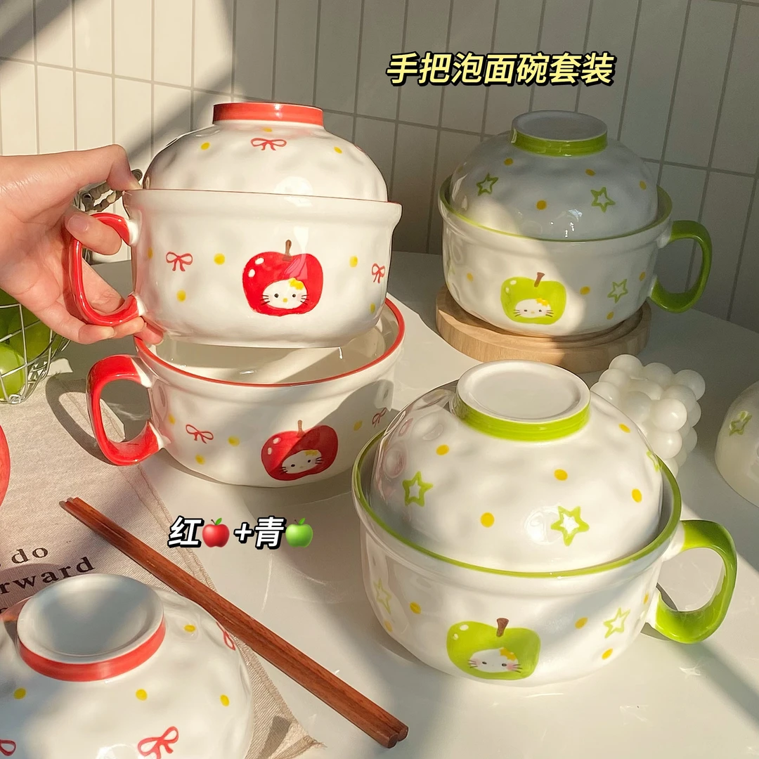 苹果kitty陶瓷泡面碗嗦粉专用碗可爱大容量釉下彩高颜值-达蒙