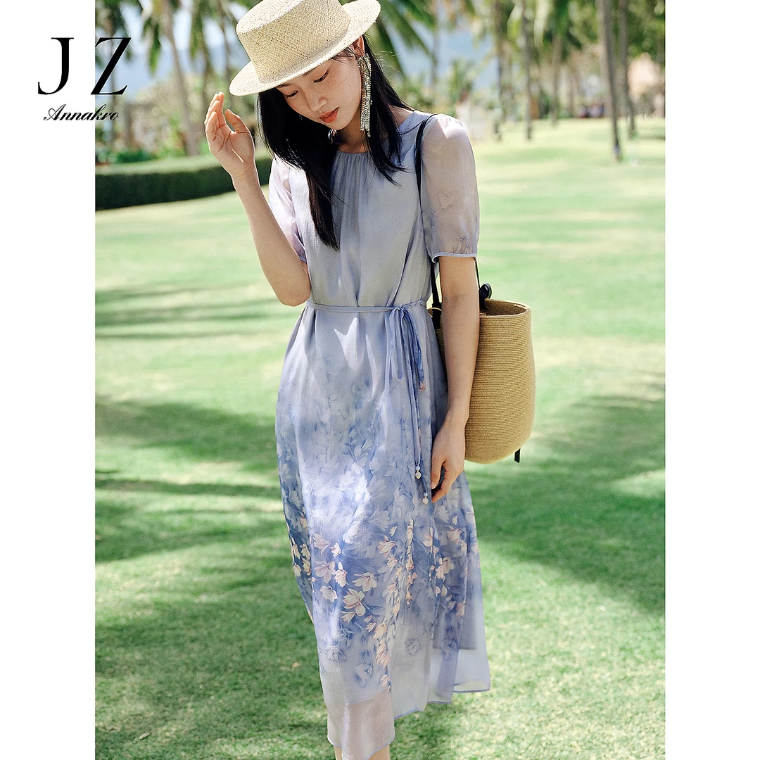 【海盐之夏】玖姿安娜蔻KWFX50064优雅渐变花卉收腰连衣裙女2025夏