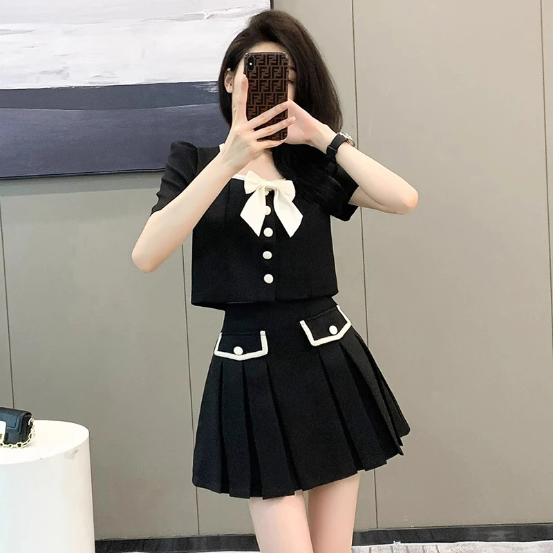 【两件套】黑色小香风夏新款高腰显瘦半身裙女气质高级感套装D1332