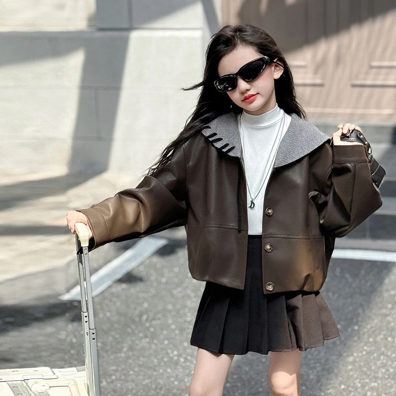 女童秋季韩系时髦海军领皮衣外套2025新款女大童洋气休闲儿童上衣