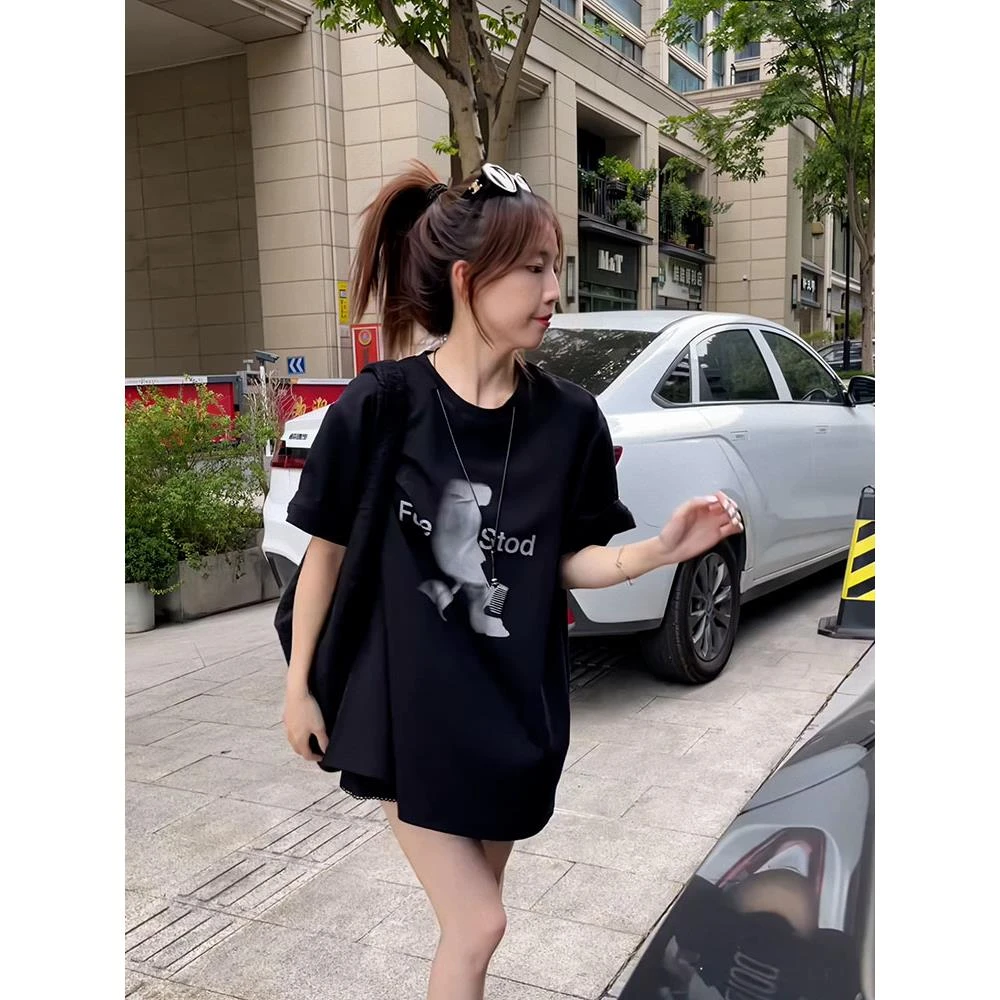 美式高街复古印花短袖t恤女夏季2025新款宽松大码高级感上衣