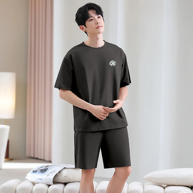 纯棉睡衣男士夏天短袖短裤圆领套装纯色气质高级薄款简约可外穿