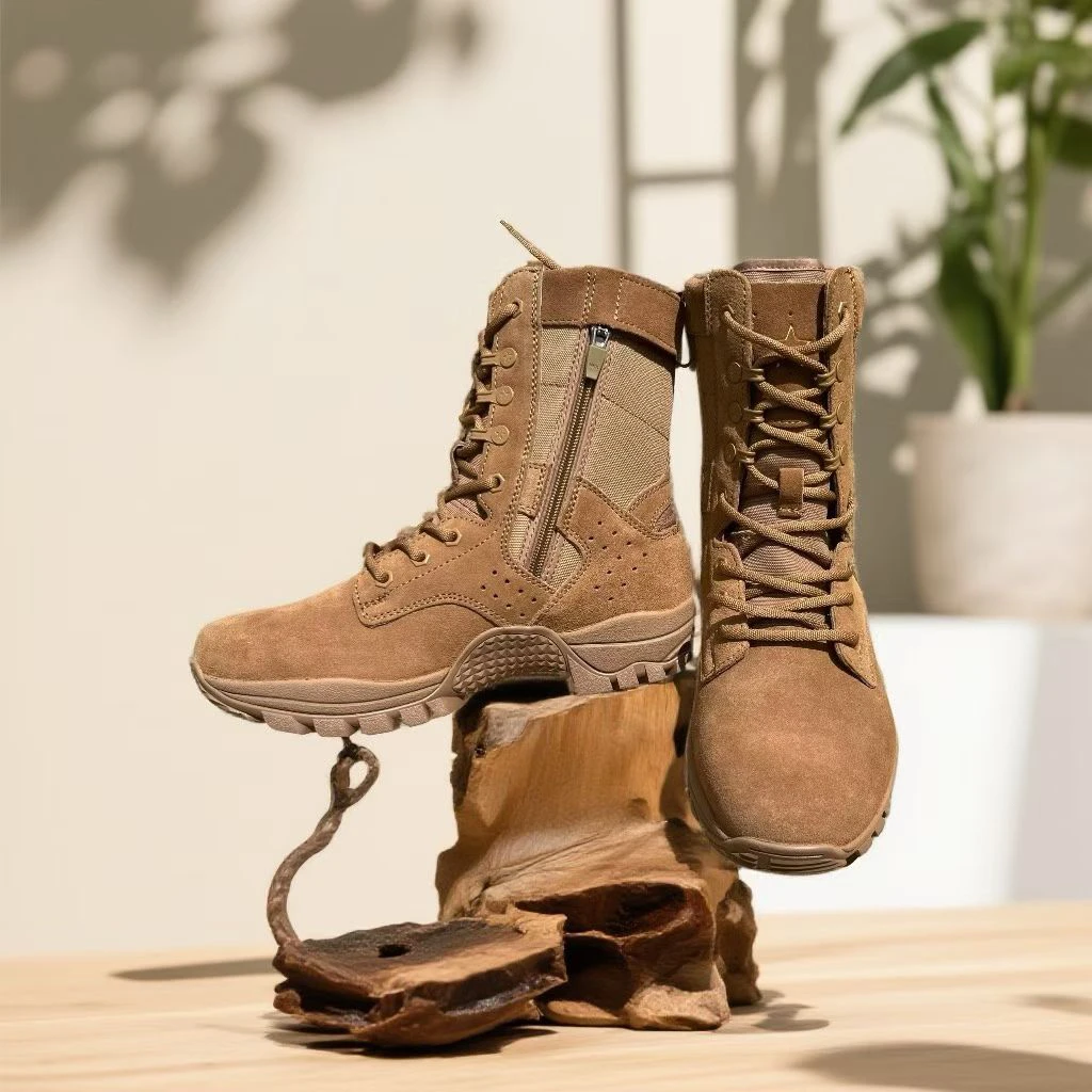 奥康棕色户外作战靴耐磨超轻拉链设计防滑防水防刺穿耐磨鞋底