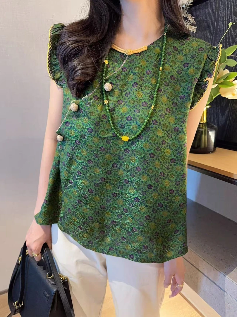新中式  年轻版国风盘扣精致提花木耳上衣---60