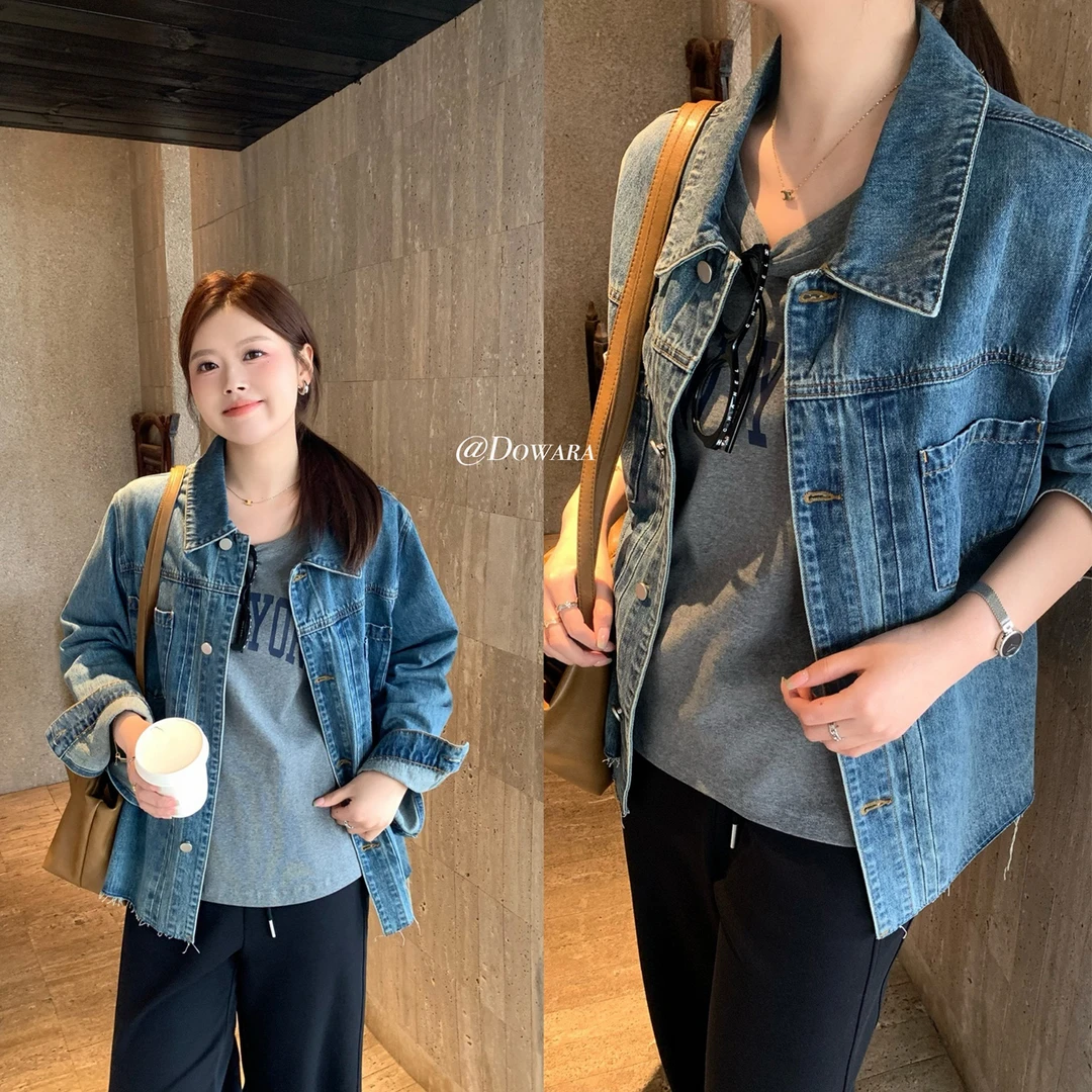现货大婉酱微胖定制做旧牛仔外套2025宽松休闲长袖夹克上衣 6612D