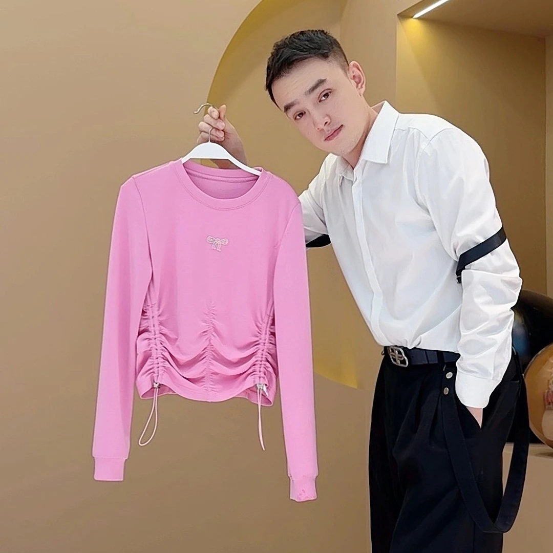 【韩哥女装】《涉江采芙蓉》芙蓉粉收腰抽皱圆领打底衫6019A