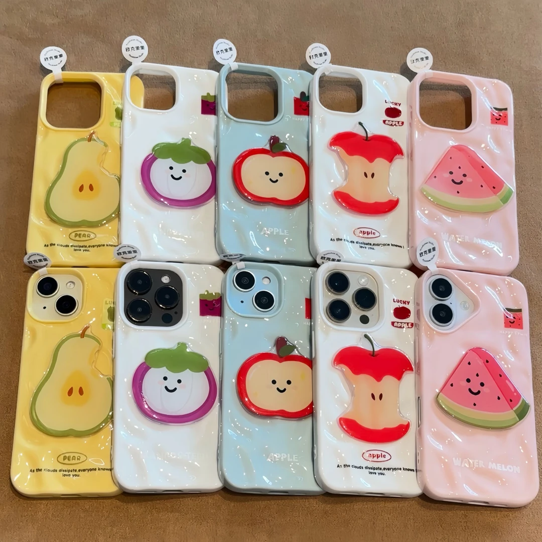 夕与空水果公仔贴片适用苹果16Promax褶皱手机壳15/14陨石纹13/12