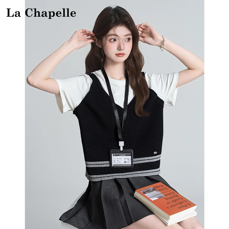 拉夏贝尔圆领假两件拼接短袖针织T恤女2025新款春夏宽松休闲上衣