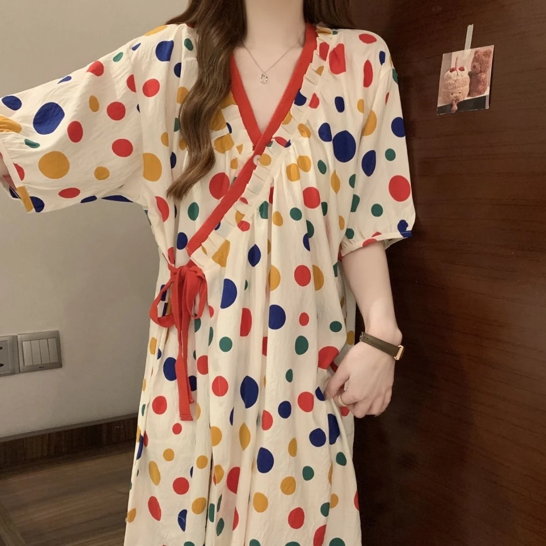 彩色波点睡袍女云朵棉夏季短袖和服浴袍大码长款睡衣家居服可外穿
