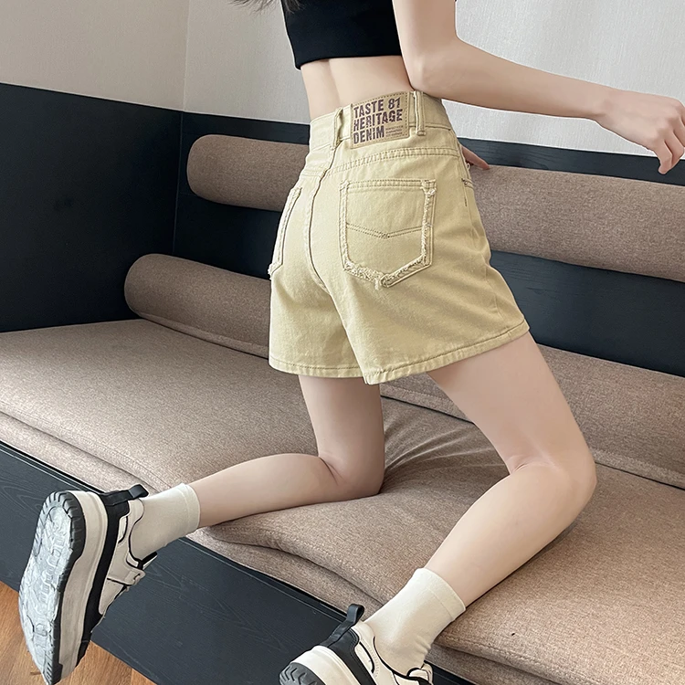 卡其高腰牛仔短裤女2025夏季薄款设计感宽松百搭显瘦A字阔腿热裤