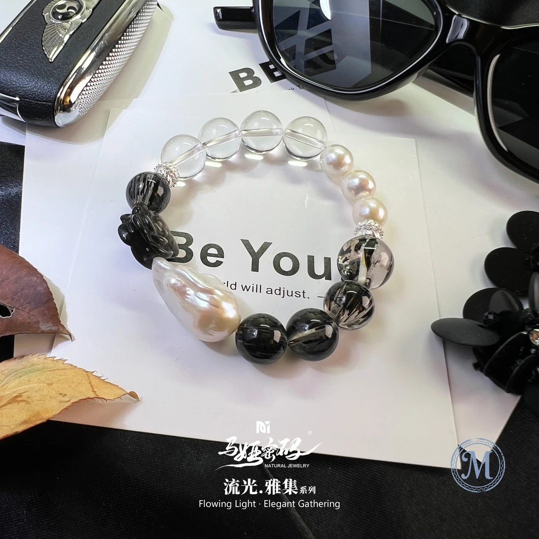 {马娅密码}繁花（5）黑发+黑闪灵+白水晶手串手链（多样性发一）