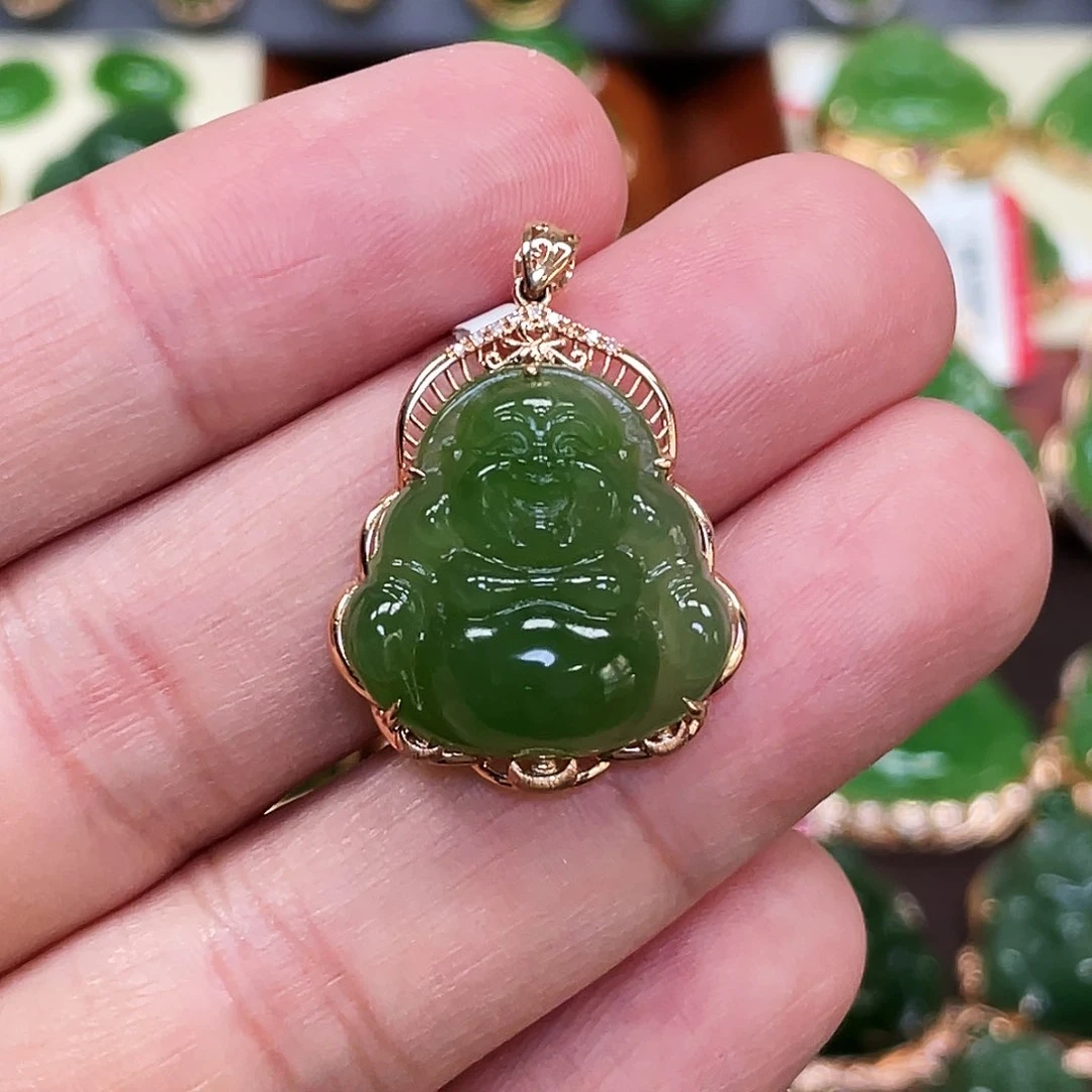 和田玉颈饰18K金镶嵌佛公20mm