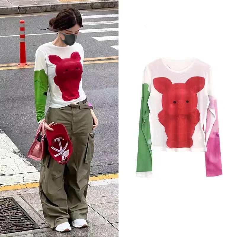 【小猪崽崽】新款小猪卡通图案印花长袖T恤修身上衣打底衫.D574