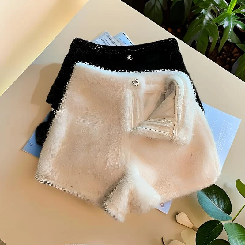 秋冬仿貂毛短裤洋气时尚新款外穿休闲风纯色一字扣设计感高腰保暖