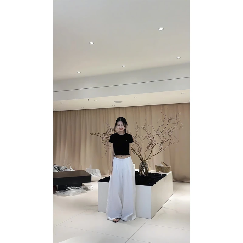 2025春夏季白色短袖T恤正肩宽松圆领简约上衣休闲裤显瘦阔腿长裤