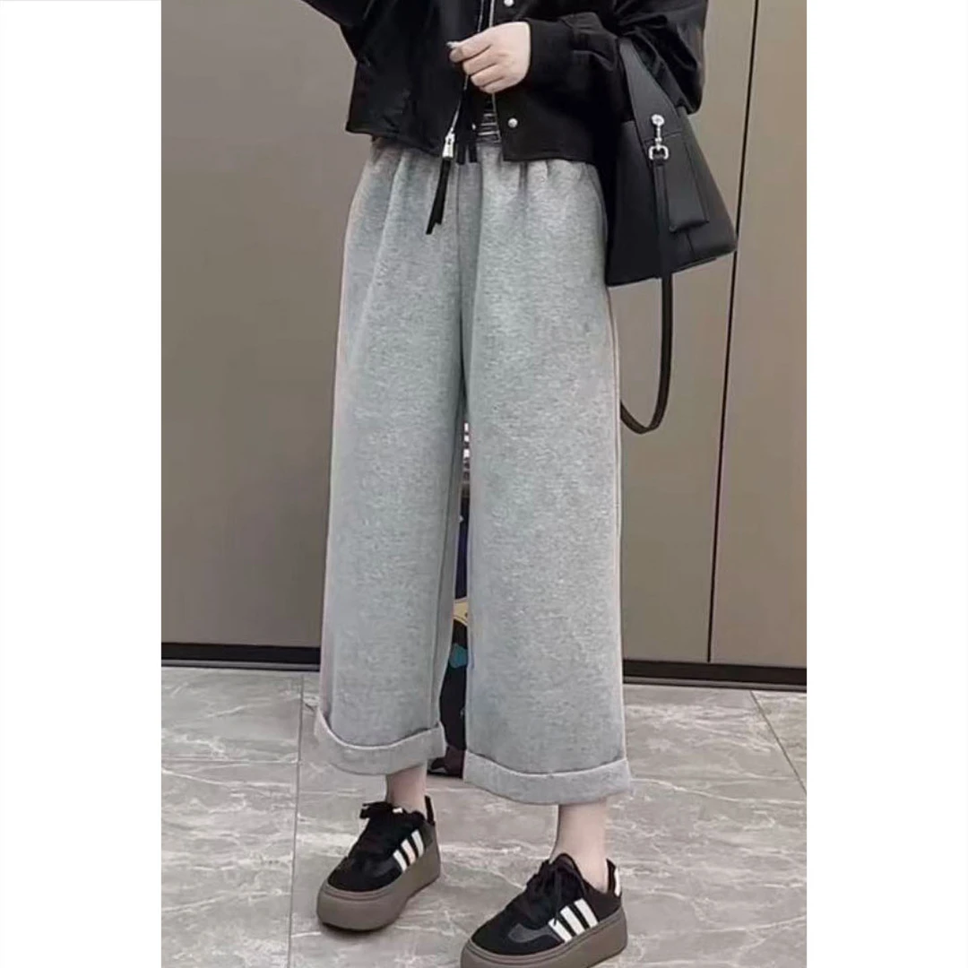 艾塔莉宽松纯色松紧腰高腰阔腿休闲裤设计感新款百搭显瘦九分裤