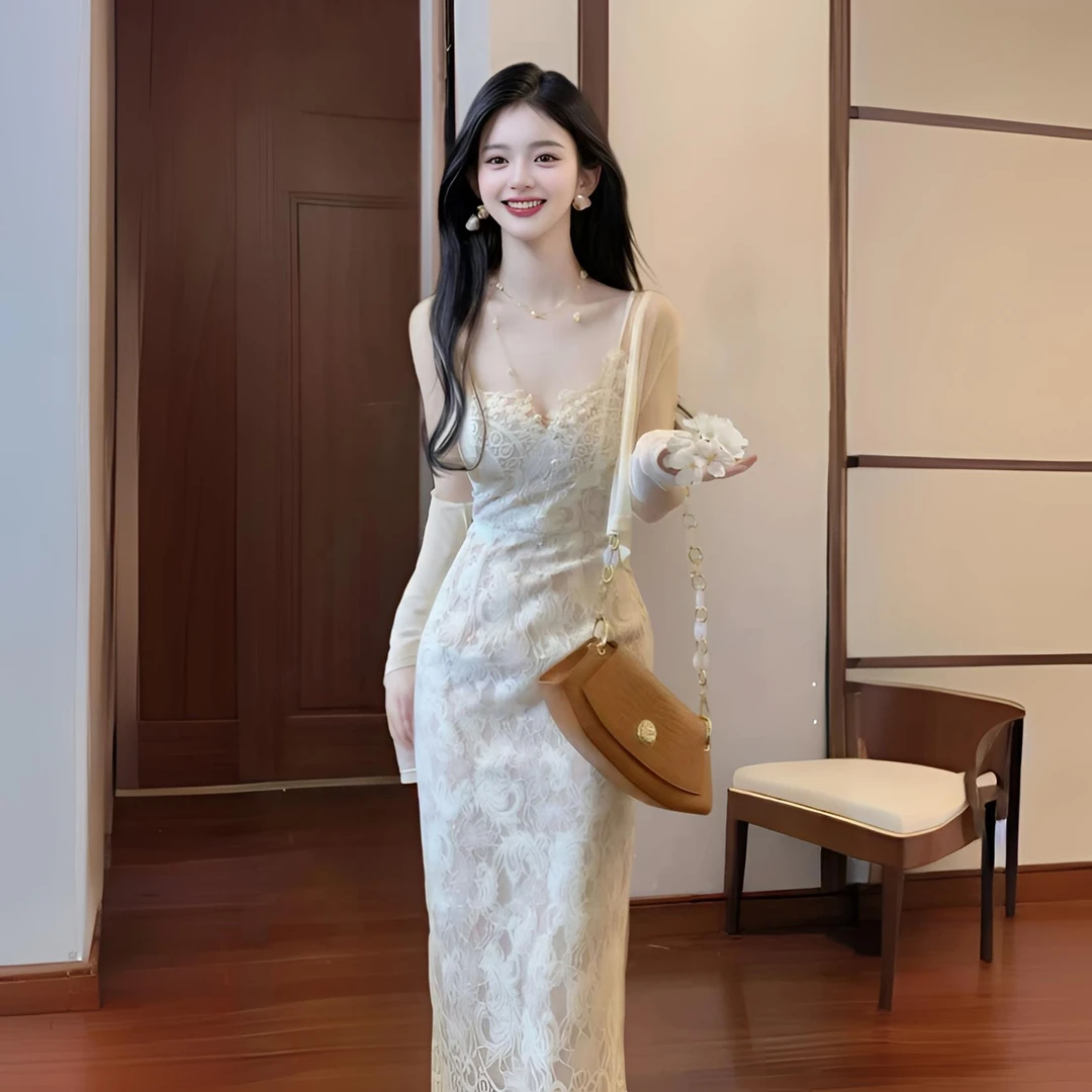 轻奢网红款蕾丝吊带连衣裙修身包臀裙生日礼服裙&防晒空调开衫